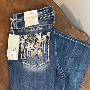 Miss Me Blue Boot Cut Jeans with Gold Embroidery